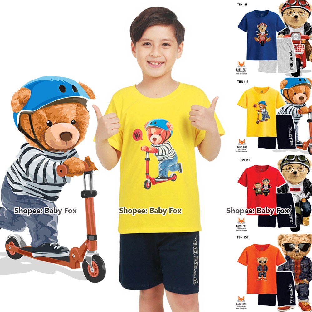 Bộ thun bé trai 100% cotton loại tốt, thương hiệu BABY FOX, in hình gấu, size nhỏ, trung, đại a