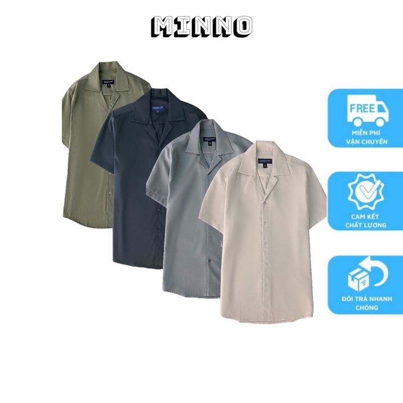 Áo sơ mi đen MINNO cổ Vest ngắn tay form rộng unisex nam nữ vải lụa SM01