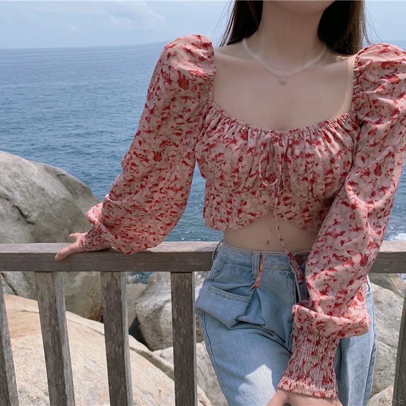 Áo Crop Top Vải Chiffon Cổ Vuông Tay Dài In Hoa Quyến Rũ Dành Cho Nữ
