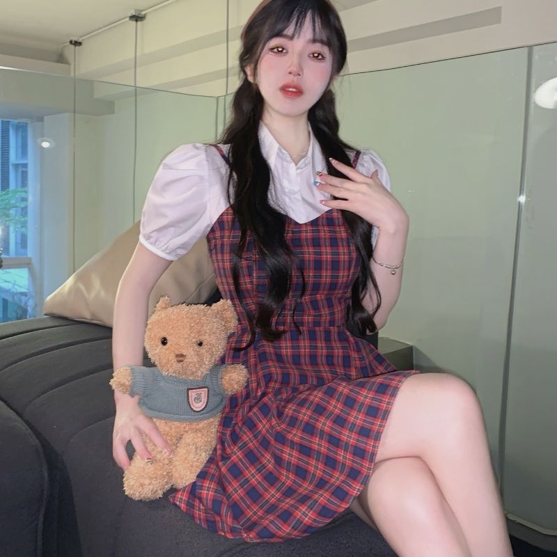 Đầm Tay Phồng Giả Hai Lớp Họa Tiết Sọc Caro Thời Trang Phong Cách Hàn Quốc Cho Nữ