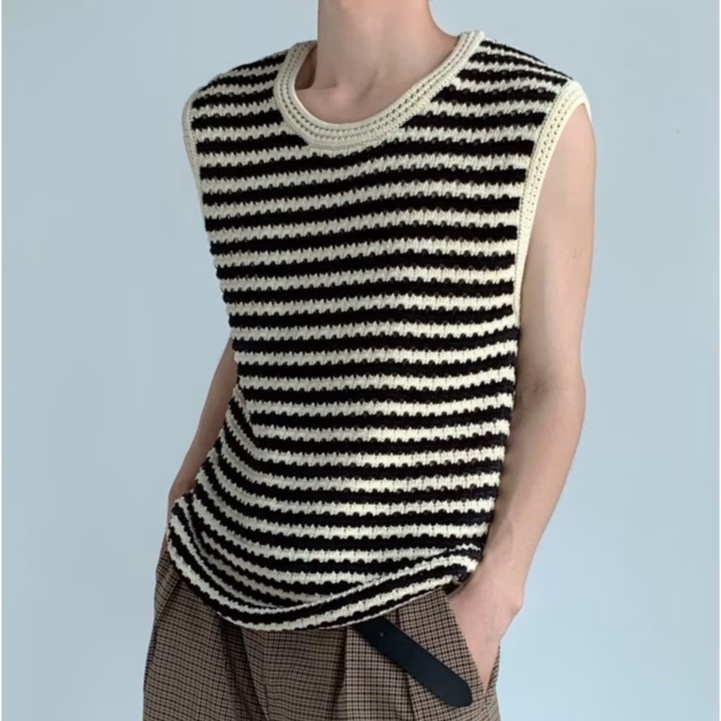 Áo Len Không Tay Cổ Tròn Họa Tiết Kẻ Sọc Trắng Đen Thời Trang Mùa Hè Cho Nam