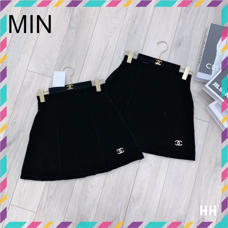 CHÂN VÁY NHUNG THÊU X GẤU CÓ LÓT QUẦN FORM CHAN VAY DÁNG A 2 Lớp DÀY DẶN Màu đen SM15677 MIN