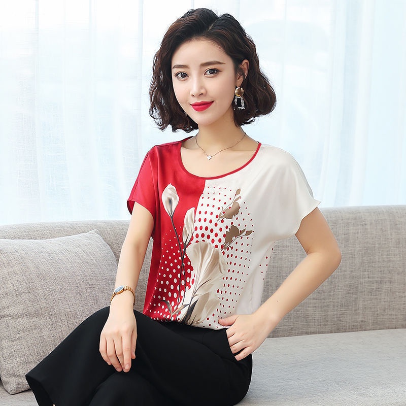 Áo thun tay ngắn cổ tròn dáng rộng in họa tiết thời trang cho phụ nữ trung niên