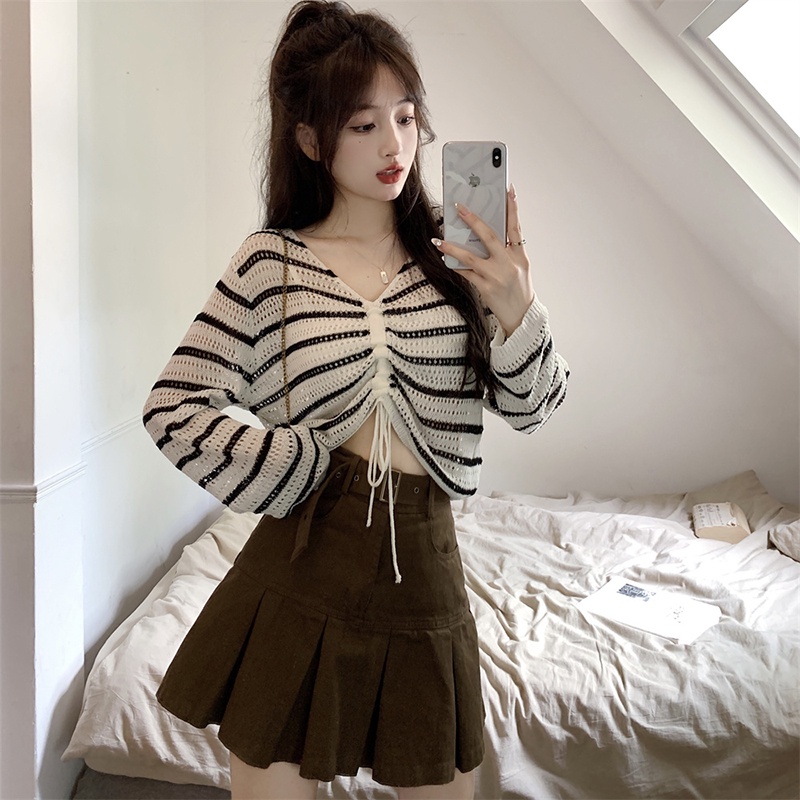 Áo Croptop Dệt Kim Kẻ Sọc Thời Trang Mùa Thu Hàn Quốc Cho Nữ