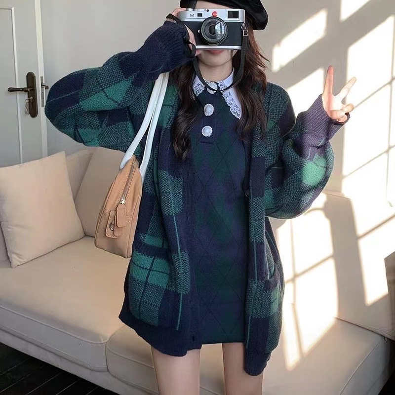 Áo khoác cardigan SUXI dệt kim dáng rộng họa tiết caro thời trang mùa thu cho nữ