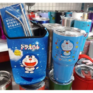 Ly giữ nhiệt doremon xanh tháilan 900ml kèm túi, 2 ống hút, 1 cọ rửa