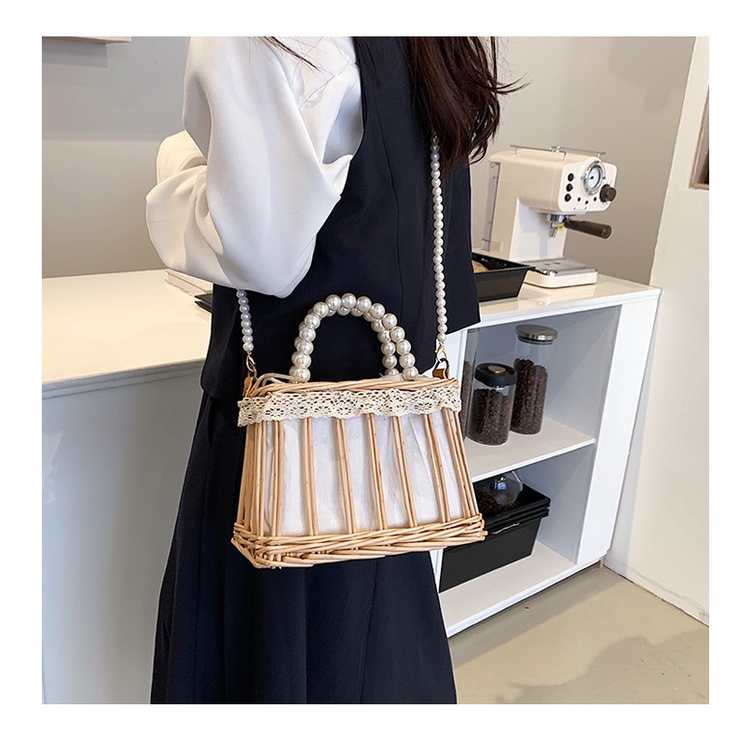 Túi Xách JASMIN NOIR Đan Cói Dáng Vuông Đính Ngọc Trai Kiểu Retro Sang Trọng Cho Nữ