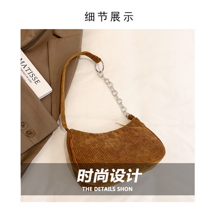 Túi Xách Đeo Vai/Kẹp Nách Vải Nhung Kẻ Nhỏ Xinh Phối Dây Xích Thời Trang Nữ