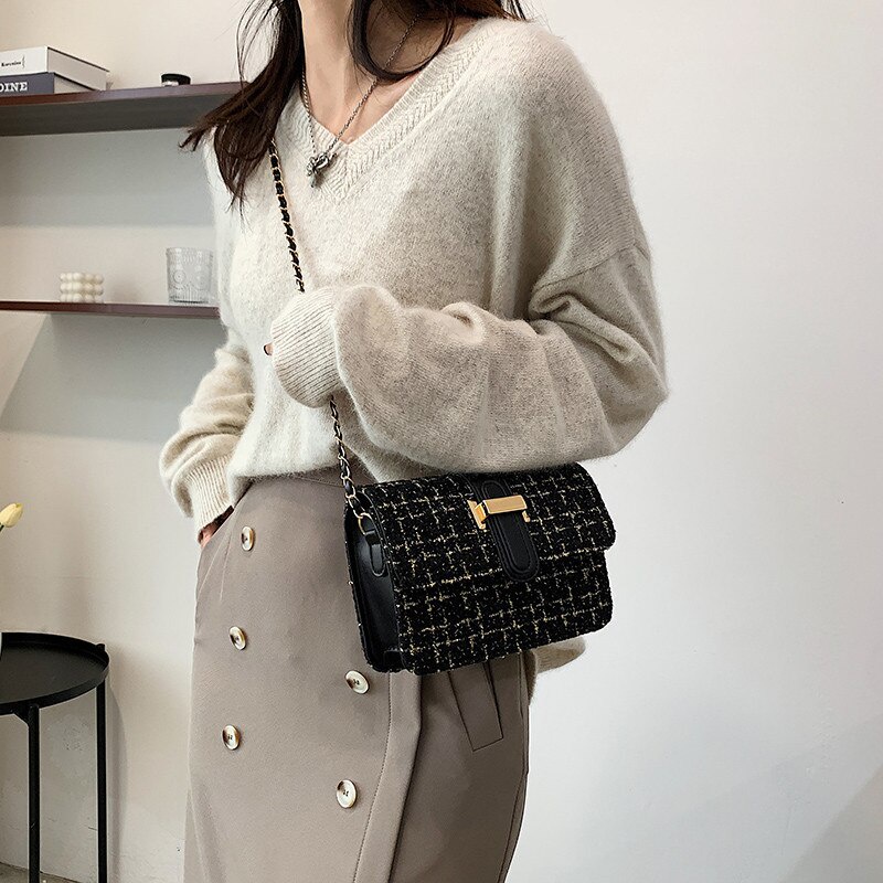 Túi đeo chéo Jasmin Noir hình vuông bằng len có khóa thời trang thanh lịch dành cho nữ