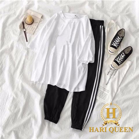 Sét áo phông trơn + quần đen 2 sọc chun ống HARI0620