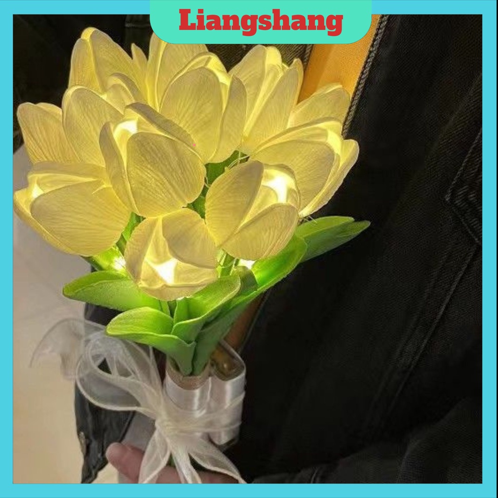 Bó 10 cành hoa tuylip đèn led 🌸FREESHIP🌸Hoa phát sáng, hoa lụa giả kèm nơ xinh Decor trang trí nhà cửa siêu xinh