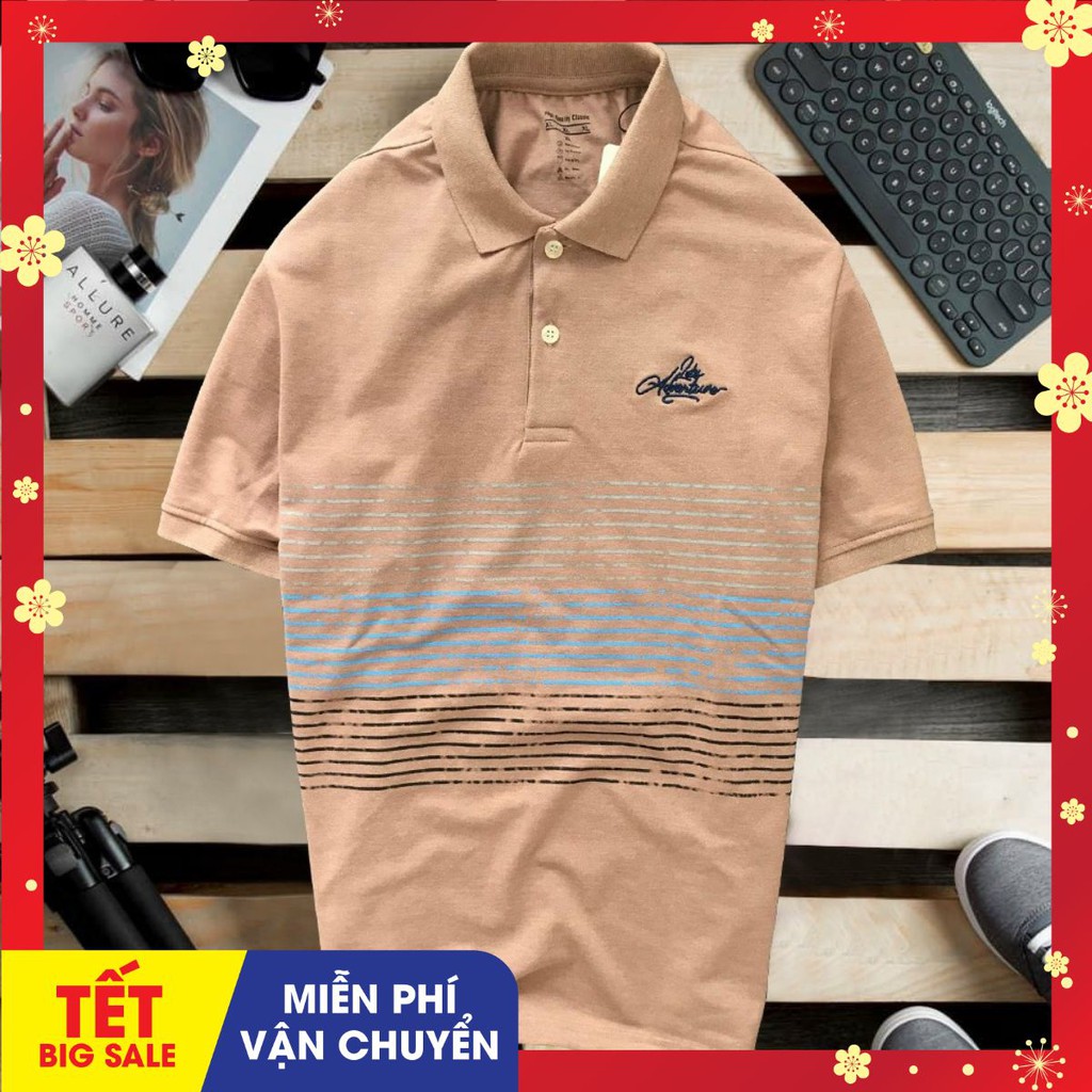 Áo thun polo nam trung niên có cổ, chất liệu CVC cá sấu, phối sọc ngang-ÁO POLO NAM TRUNG NIÊN