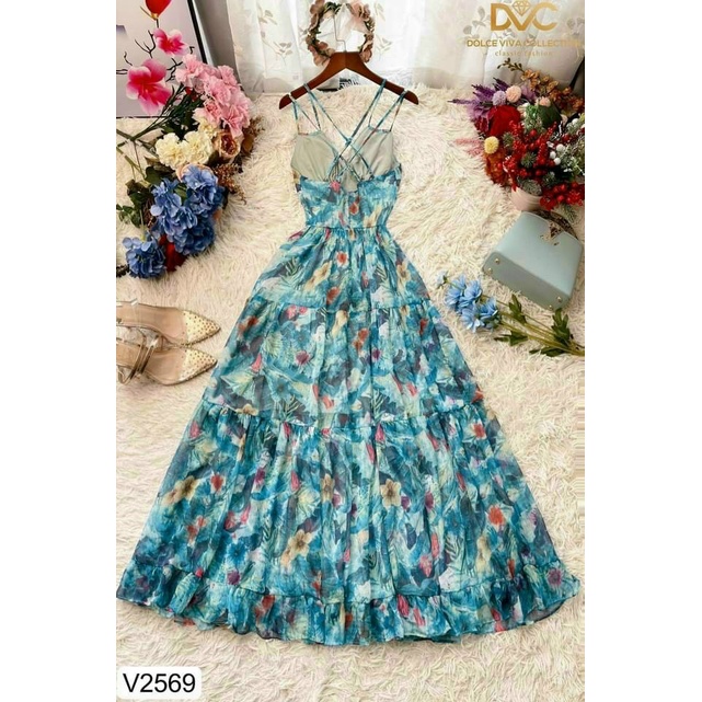 Đầm hoa đi biển dáng dài nhiều dây (kèm mút ngực) voan xếp tầng quyến rũ