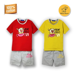 Đồ Bộ Tay Ngắn Cho Bé Miaukids, In Hình Trâu Tết 2021, Thun Cotton Thoáng Mát Cho Bé 9Kg - 55Kg