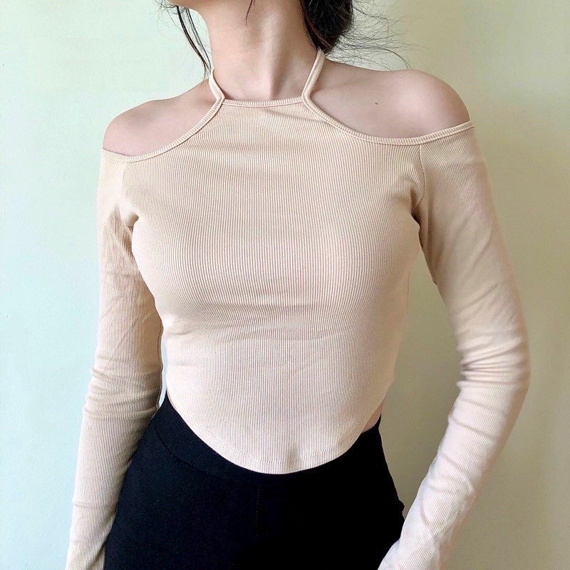 Áo gân cổ yếm tay dài, áo thun trễ vai sexy