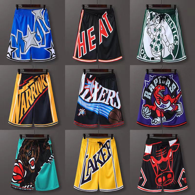 Quần Short Bóng Rổ In Chữ Lakers Warriors Raptors Dáng Rộng Khô Nhanh Phong Cách Retro Mỹ Cho Nam # 76Es Bulls Nets