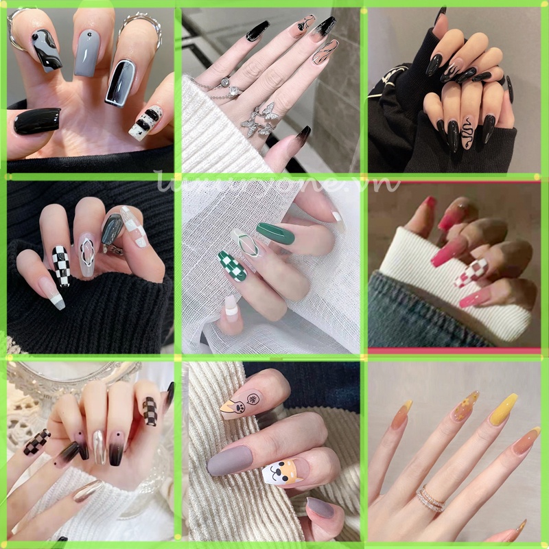 Bộ 24 Móng Tay Giả Đính Đá Kèm Keo Dán DIY Chất Lượng Cao
