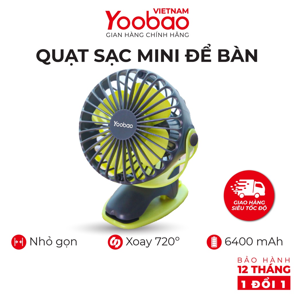 Quạt sạc mini để bàn/ kẹp nôi YOOBAO F04 6400mAh Xoay 720 độ - Chạy 32 giờ liên tục Hàng chính hãng - Bảo hành 12 tháng