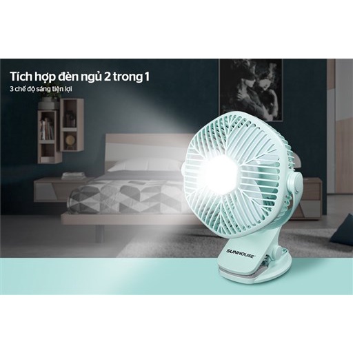 Quạt sạc Mini Sunhouse SHD7111 tích hợp đèn, nhỏ gọn 3 chế độ gió, xoay 360 độ, kẹp bàn tiện dụng