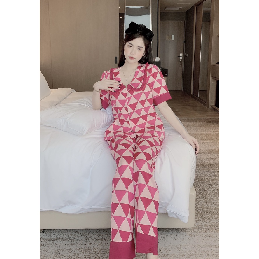 Bộ pijama cộc tay quần dài chất liệu lụa mango, bộ đồ ngủ nữ pyjama cổ sen bèo họa tiết dễ thương sang trọng DC11