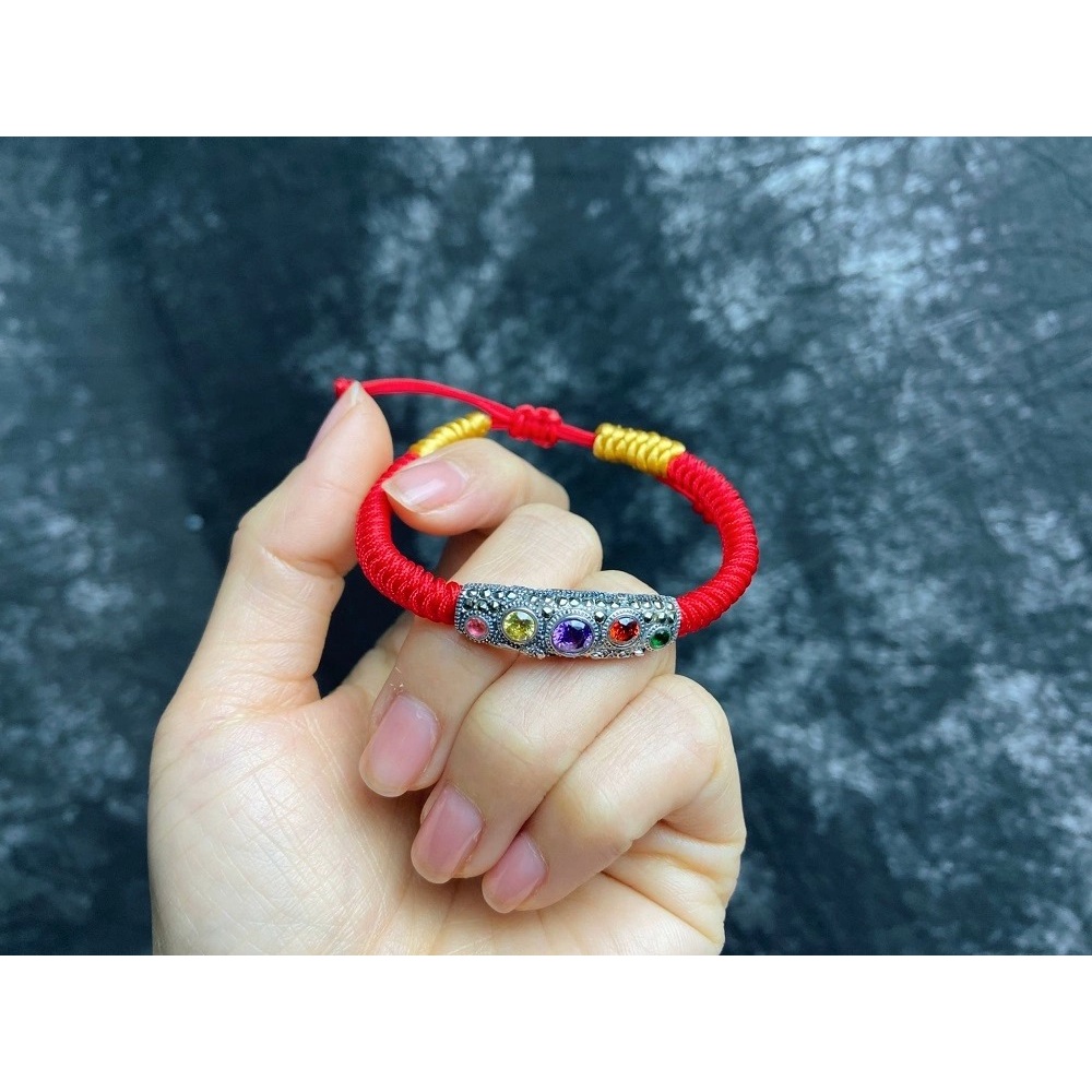 VT168 Vòng Tay nữ charm bạc Chỉ Đỏ Đá Ngũ Sắc