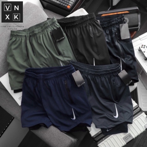 Quần Short đùi tập gym nam 2 lớp có lót leging NIKE LÓT THUN Vải Thể Thao có túi Ziper