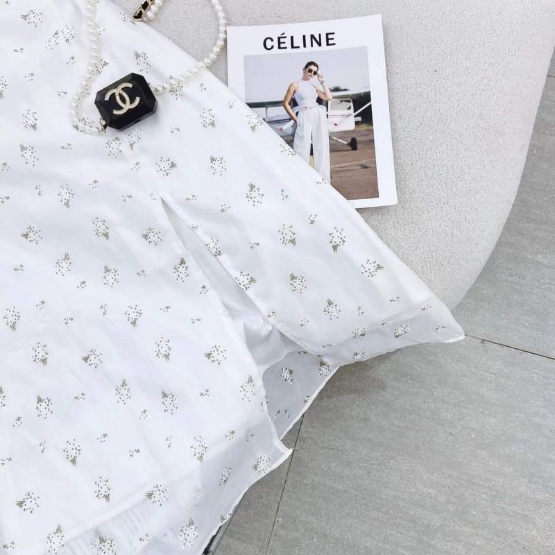 Đầm midi hoa trắng ngực xếp li DD188