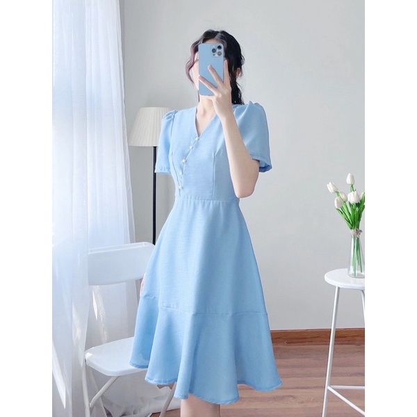Đầm cổ tim nút hạt đuôi cá thắt dây eo thiết kế cao cấp