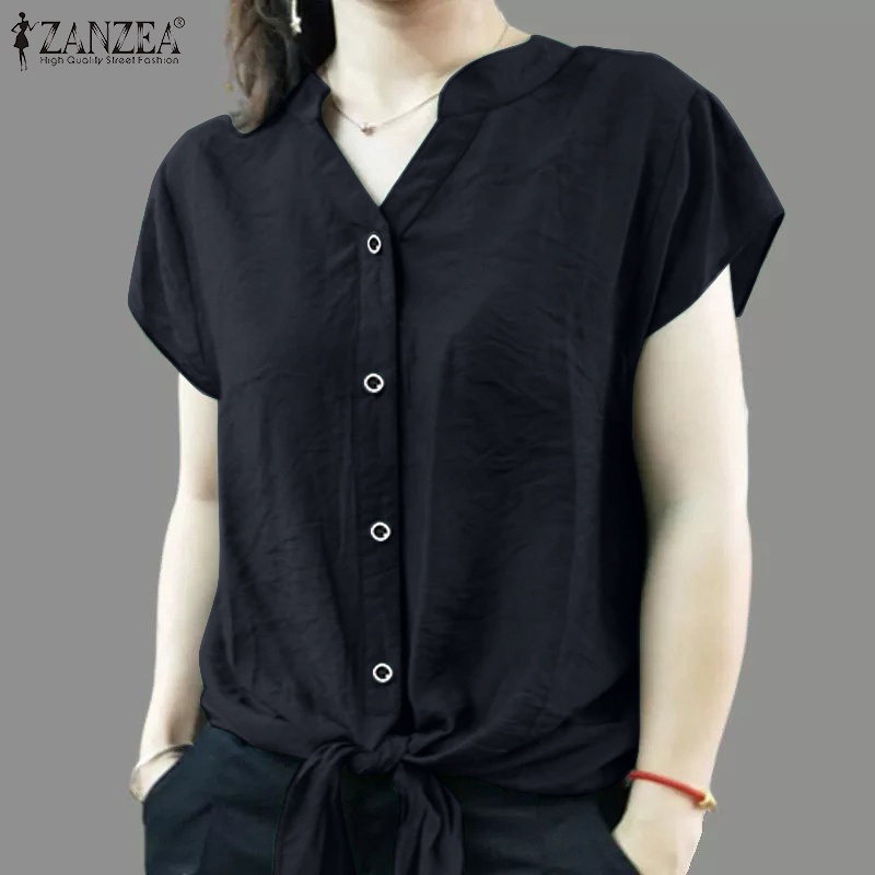 Áo sơ mi Zanzea tay ngắn cổ chữ V màu trơn thời trang cho nữ