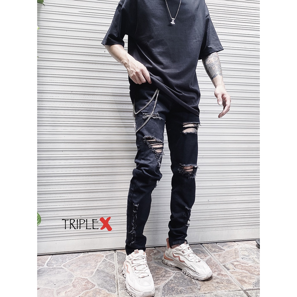 Quần bò đen mài rách cá tính 03 / Set quần áo phụ kiện