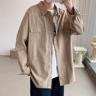 Áo Sơ Mi Cotton Tay Dài Dáng Rộng Màu Trơn Thời Trang Trẻ Trung Cho Nam