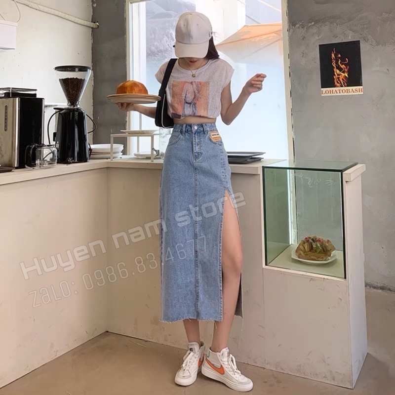 Chân váy bò dài xẻ mác nâu