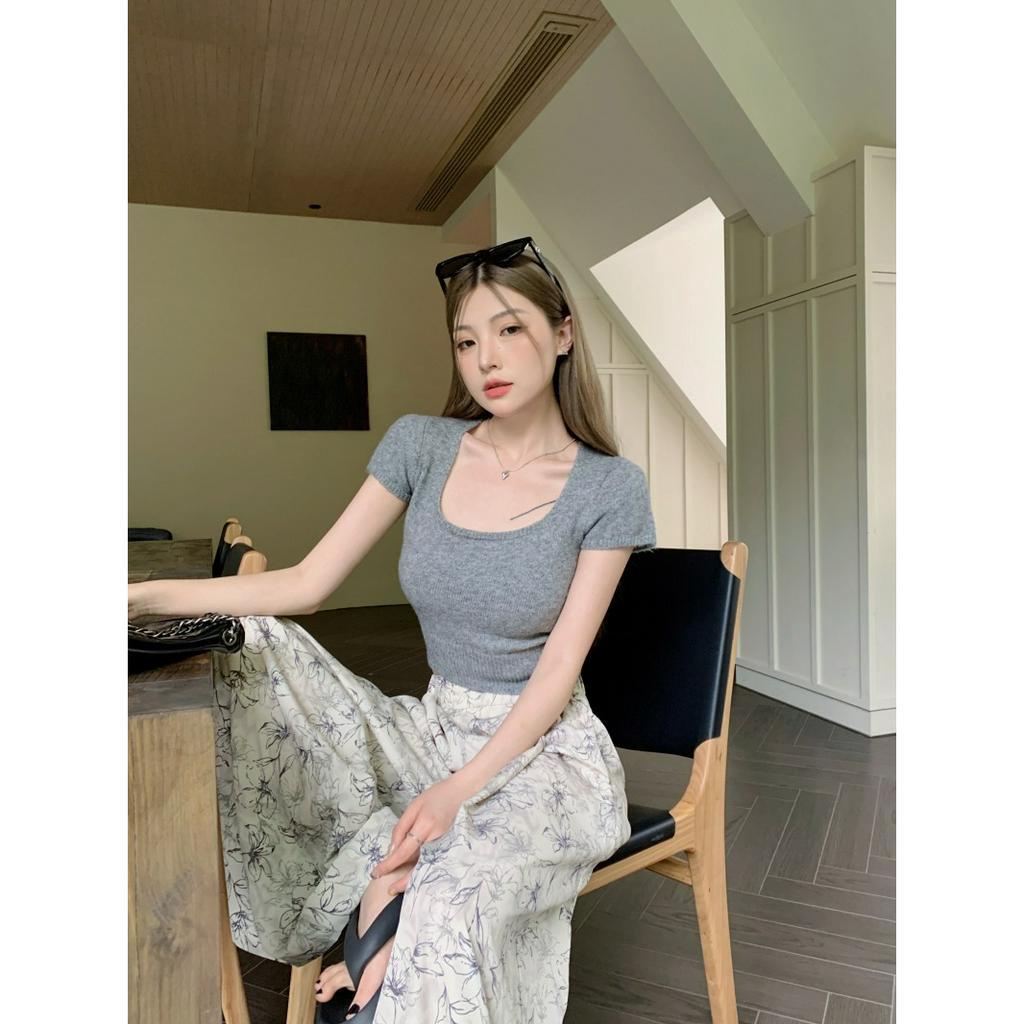 ZHELIHANGFEI Áo Thun Dệt Kim Ngắn Tay Cổ Vuông Hở Rốn Thiết Kế Độc Đáo Ngọt Ngào Cho Nữ