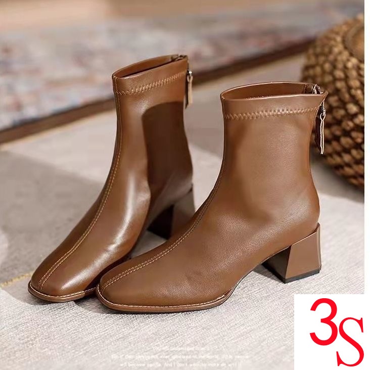 Giày Bốt Da Mềm Gót Thấp Dày Dặn Màu Nâu Phong Cách Pháp Thời Trang Mới 2021 Cho Nữ