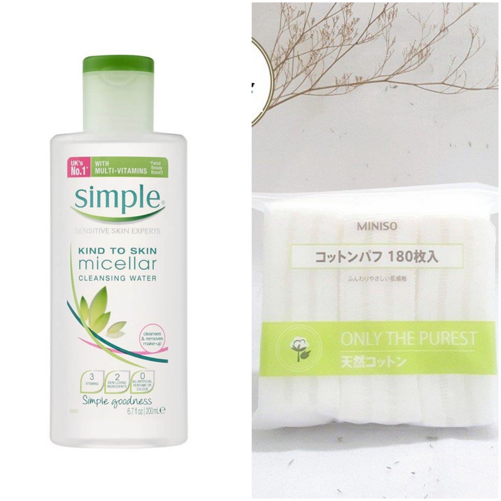 Combo Nước tẩy trang Simple 200ml và Bông tẩy trang miniso 180 miếng (bongcase)