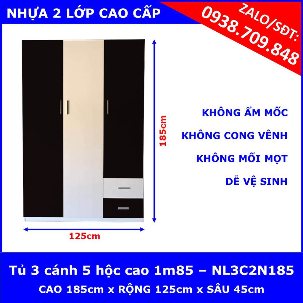 [ RẺ VÔ ĐỊCH ] Tủ nhựa đài loan 3 cánh 2 hộc kéo lớn 1m25*1m85*45