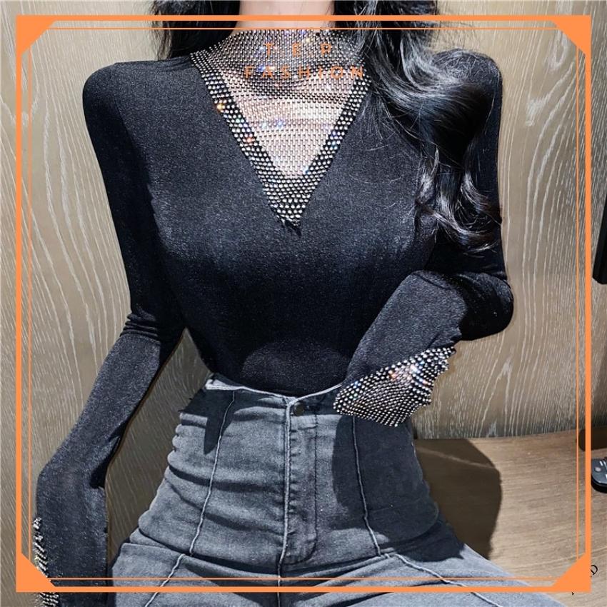 [SIÊU HOT] ÁO THUN DÀI TAY CỔ V ĐÍNH ĐÁ , ÁO GIỮ NHIỆT TRỜI TRANG ĐÍNH ĐÁ PHONG CÁCH TEP FASHION - ADT010