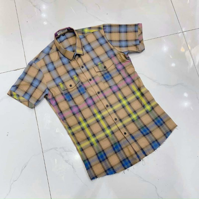 Áo sơ mi nam ngắn tay BBR loang màu rách gấu kẻ sọc caro nhiều màu ,chất liệu cotton thoáng mát, không nhăn, không baixù