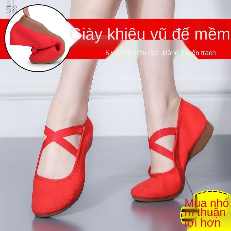 giày khiêu vũ nữ kiểu mới vải người lớn bốn mùa màu đỏ đế mềm thấpL