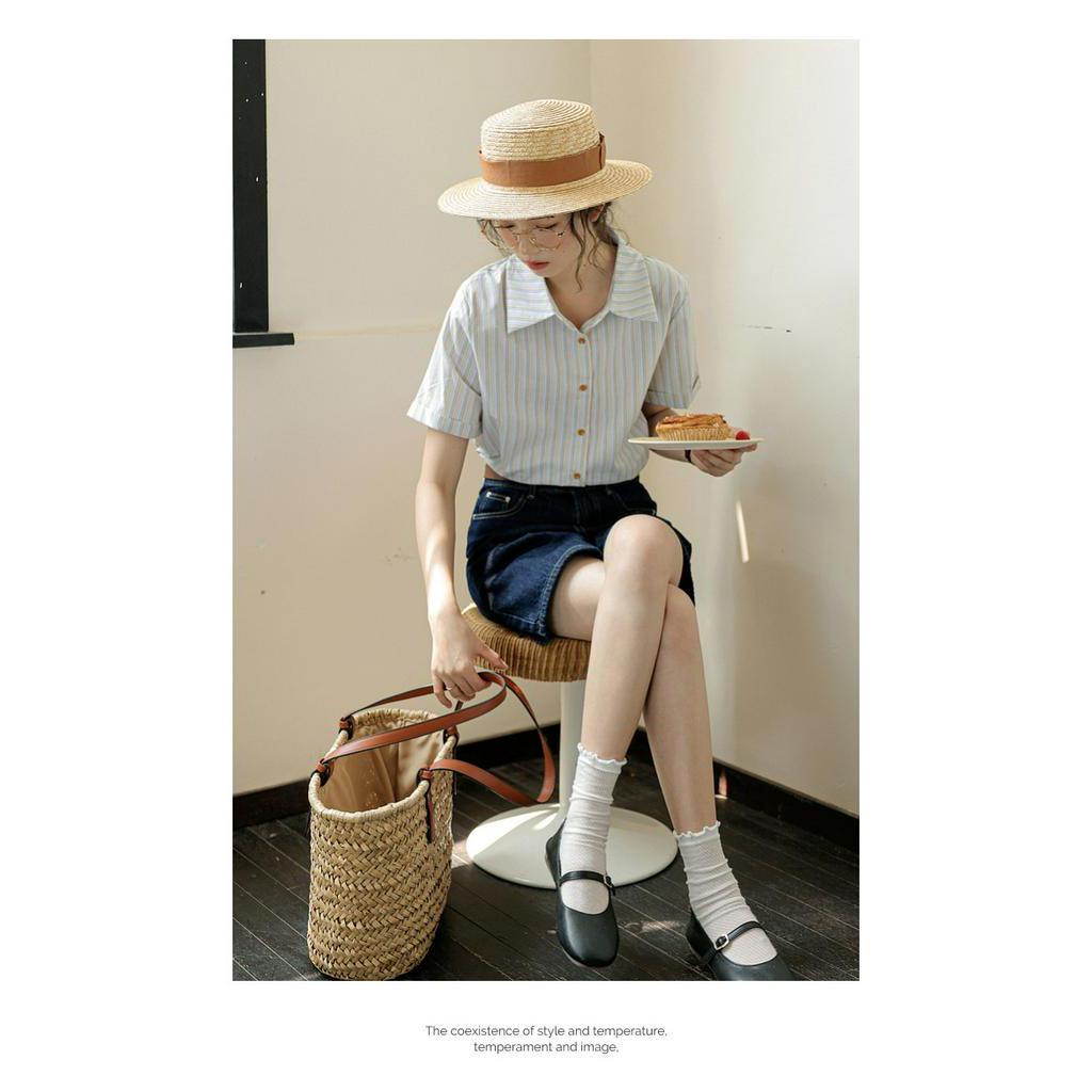 Áo Sơ Mi Kẻ Sọc Dáng Rộng Ngắn Tay Thời Trang Sành Điệu 63205