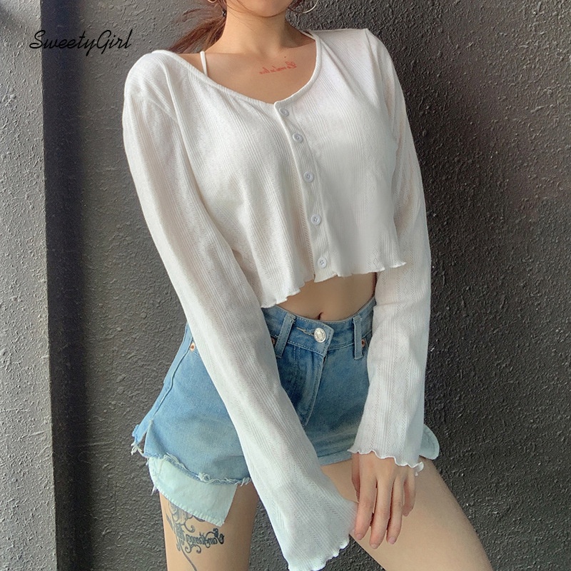 Áo Croptop Tay Dài Cổ Chữ V Cài Nút Màu Sắc Trơn Quyến Rũ Cho Nữ