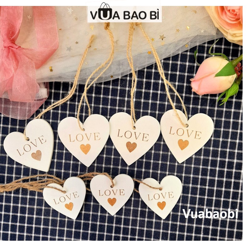 Tag gỗ trái tim khắc chữ love có dây treo trang trí, khuy gỗ, miếng gỗ trái tim DIY