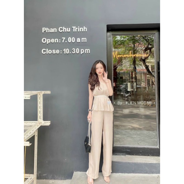 sét áo lệch vai viền chuỗi eo quần suông