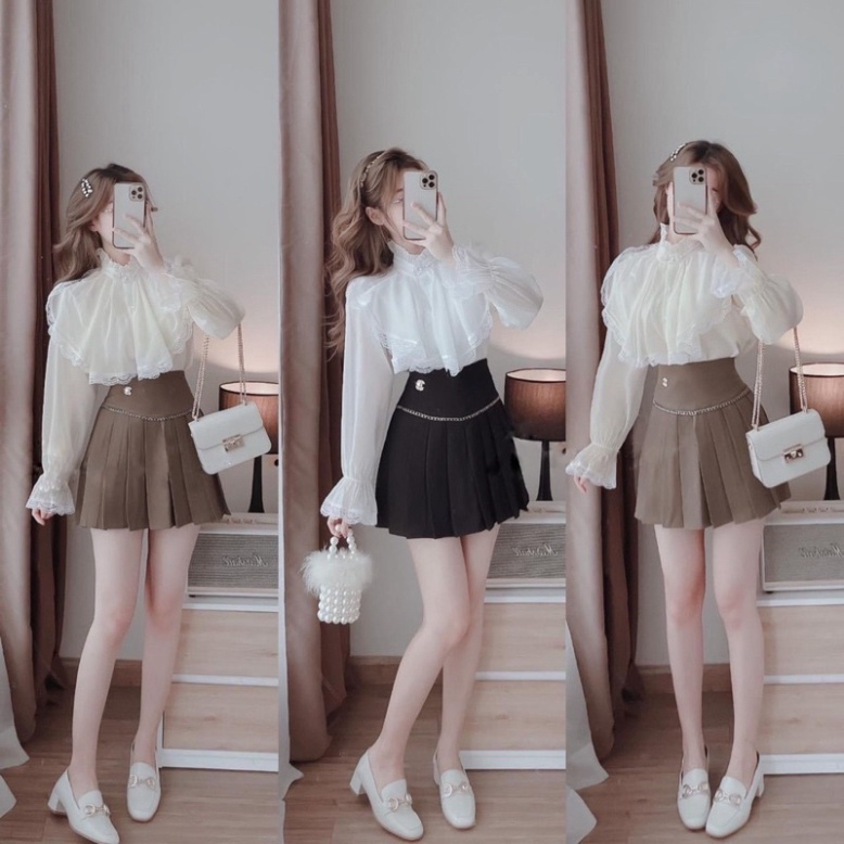 Áo sơ mi tiểu thư 2 lớp phối ren_444 mầu trắng, babydoll ulzzang mềm nội y xanh