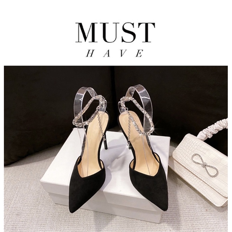 Giày Sandal cao gót mũi nhọn gót cao 11p quai đính đá có size 34,35