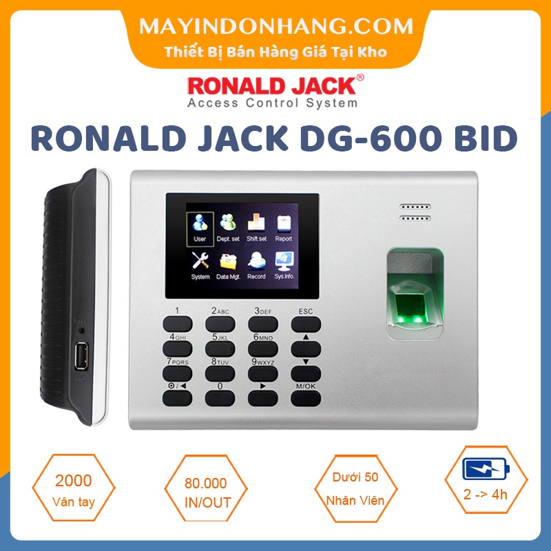  Máy chấm công vân tay Ronald Jack DG 600-BID - PIN lưu điện đến 4h