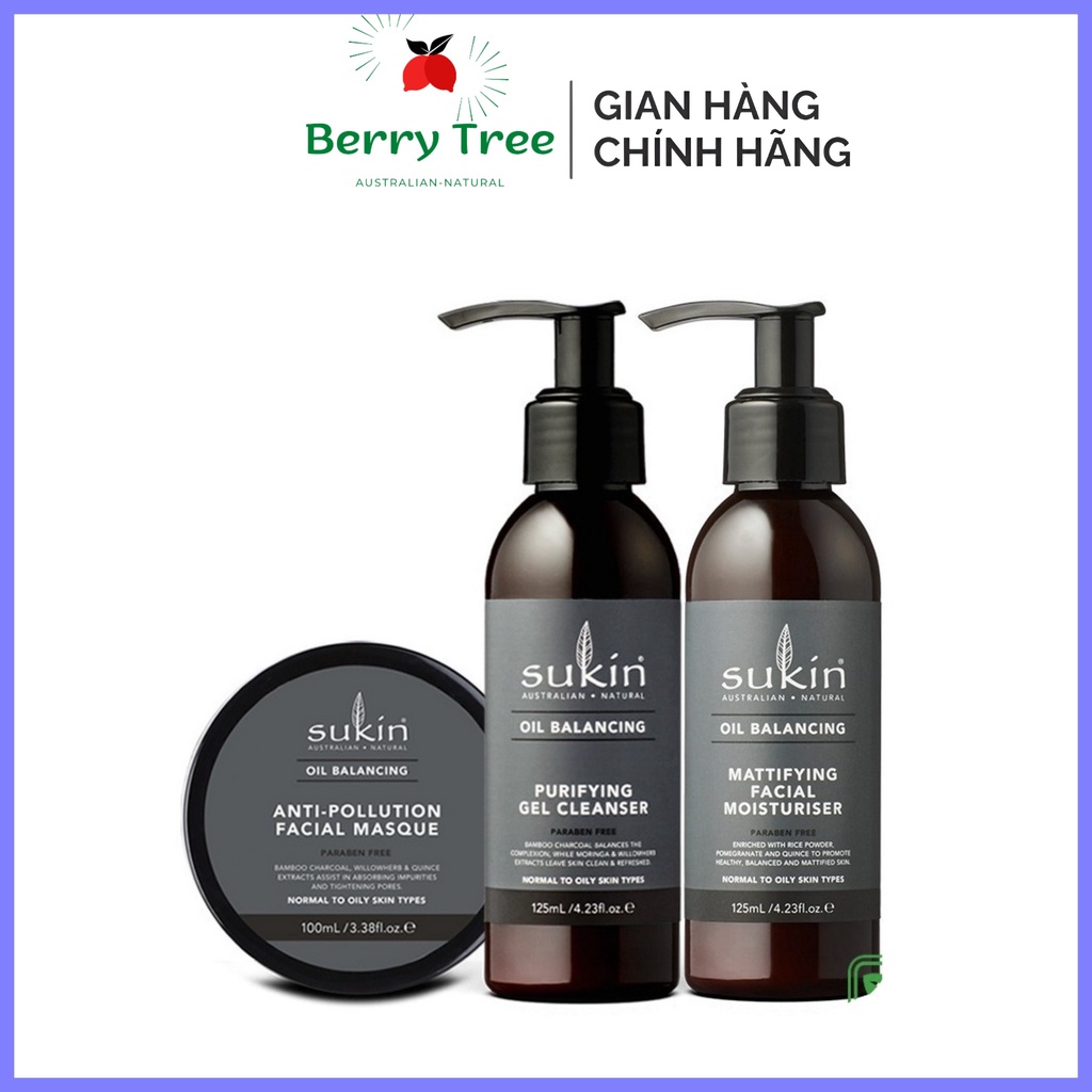 Combo Kiềm Dầu Ngừa Mụn Sukin Oil Blancing Gel Rửa Mặt Kiềm Dầu 125ml + Mặt Nạ Kiềm Dầu 100g + Kem Dưỡng Ẩm 125ml (BR)
