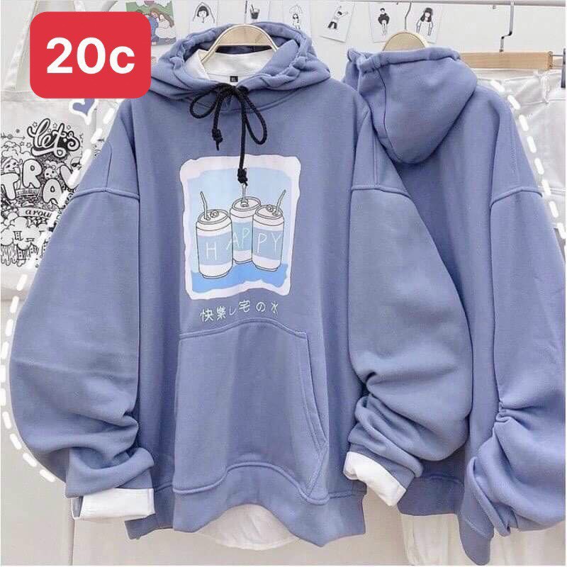 ÁO KHOÁC HOODIE CHUI ĐẦU NỈ NGOẠI NAM NỮ UNISEX FORM RỘNG 3 CHAI HAPPY ĐỦ MÀU XANH, BE CAO CẤP UTI ĐỦ SIZE M, L, XL HOT