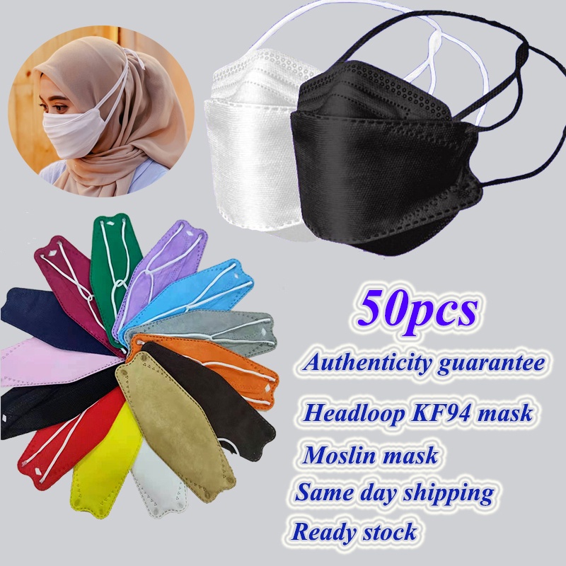 Kf94 Hijab Headloop Mask Hàn Quốc 4ply lồi Đen Trắng Màu Tro Hồng Sebox Nội dung 50 Chiếc