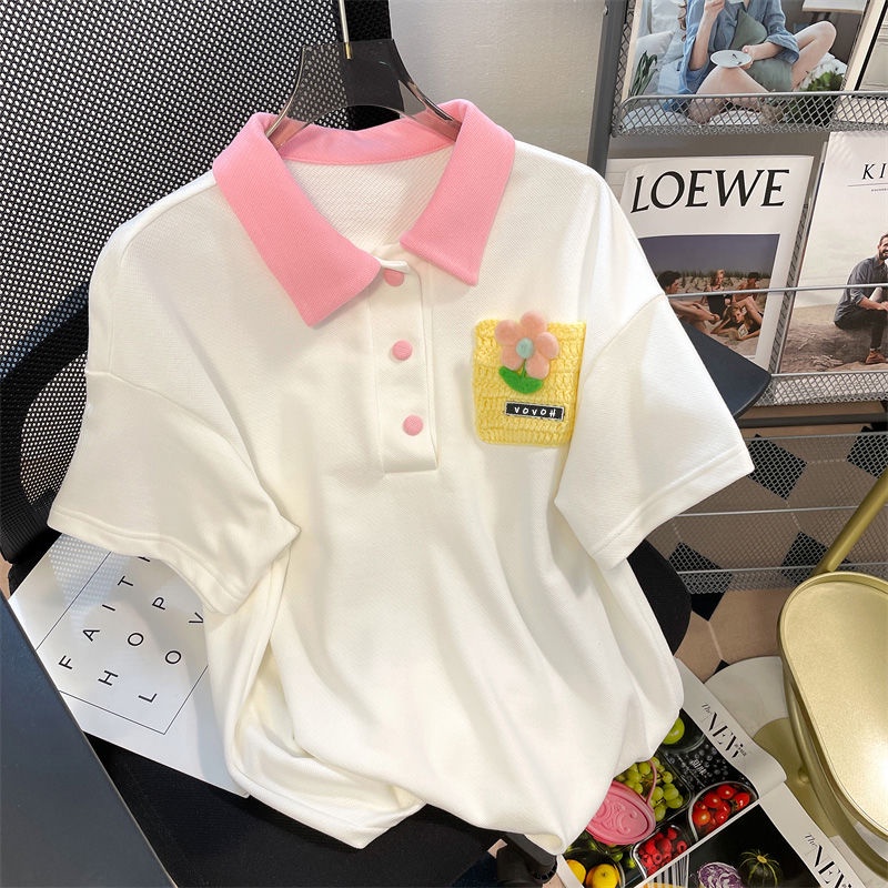 Set Áo Thun polo In Hình Hoa Phối Quần Short Dáng Rộng Thời Trang Trẻ Trung Cho Nữ